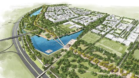 Zwei Seen sind im neuen Landschaftspark in Freiham geplant. In dem L-f&ouml;rmigen Gew&auml;sser im S&uuml;den soll man baden k&ouml;nnen. Im Norden muss man die Wasserfl&auml;che extra abdichten.