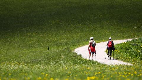 Wanderer auf einem Weg zwischen Seefeld und Mösern in Österreich.