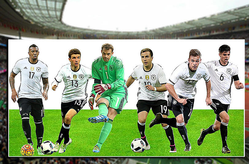 Ob sie am Ende alle mit zur EM nach Frankreich fahren? Von links nach rechts: Jérome Boateng, Thomas Müller, Manuel Neuer, Mario Götze (alle FC Bayern) und Julian Weigl (B. Dortmund).