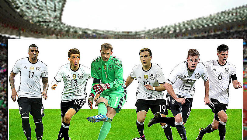 Ob sie am Ende alle mit zur EM nach Frankreich fahren? Von links nach rechts: Jérome Boateng, Thomas Müller, Manuel Neuer, Mario Götze (alle FC Bayern) und Julian Weigl (B. Dortmund). Ob sie am Ende alle mit zur EM nach Frankreich fahren? Von links nach rechts: Jérome Boateng, Thomas Müller, Manuel Neuer, Mario Götze (alle FC Bayern) und Julian Weigl (B. Dortmund).