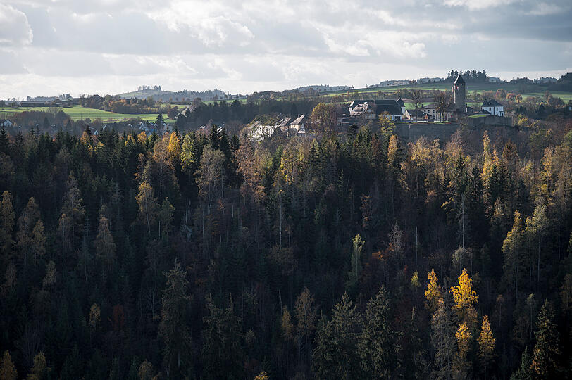 Die Burg von Lichtenberg. Von hier aus soll die Lohbachtalbrücke über das Lohbachtal gebaut werden. Das Projekt "Frankenwaldbrücken" umfasst zwei geplante Fußgängerbrücken: die "Frankenwaldbrücke" oder "Höllentalbrücke", die das Höllental  überspannt, und die zweite "Lohbachtalbrücke", die die Anbindung der ersten Brücke an die Höllentalstadt Lichtenberg herstellt.