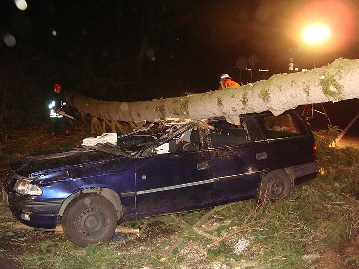 Auf dieses Auto stürzte in der Nacht zum Mittwoch ein Baum. Der Fahrer wurde eingeklemmt und schwer verletzt.