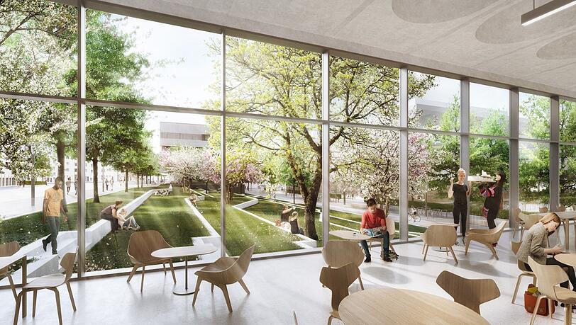 Der Blick aus dem geplanten Physikcampus auf den Hanggarten. (Illustration)