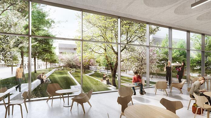 Der Blick aus dem geplanten Physikcampus auf den Hanggarten. (Illustration)