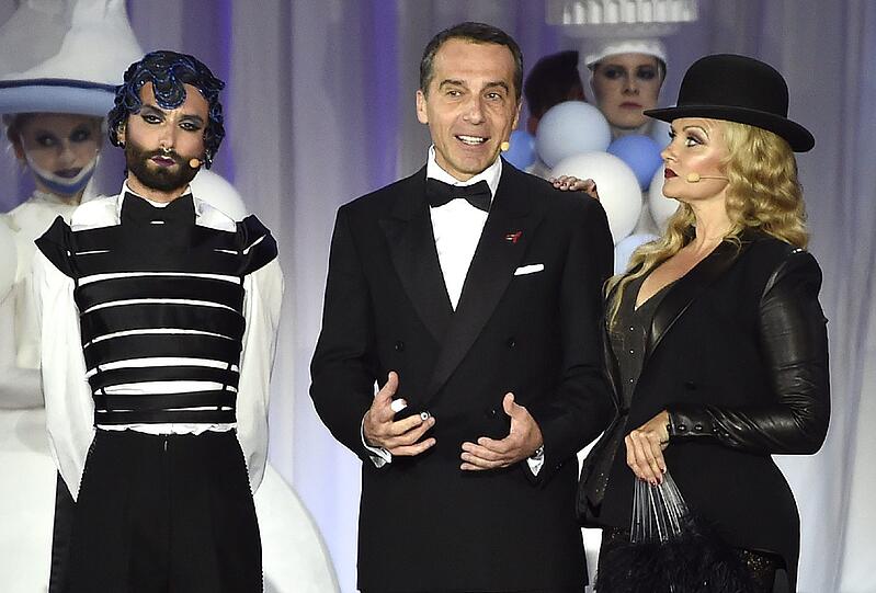 Conchita Wurst, Österreichs Bundeskanzler Christian Kern und TV-Moderatorin Verena Scheitz