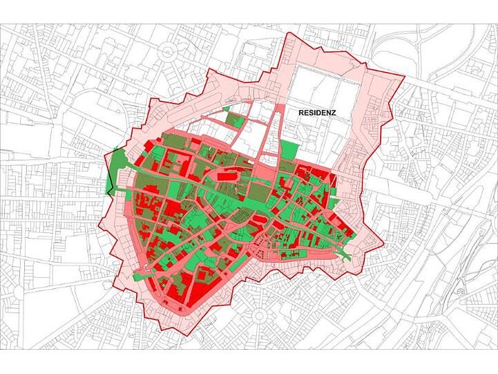 Zur Zeit entsteht eine archäologische Kartierung der Stadt. Rot bedeutet: Mit erhaltenen Sieldungsspuren ist zu rechnen.