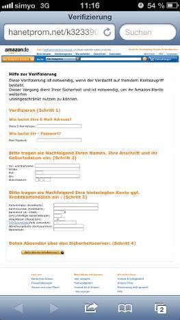 Diese Seite wird aufgerufen, wenn man der Aufforderung &bdquo;HIER KLICKEN&ldquo; folgt. Die Amazonseite sieht täuschend echt aus, gehört aber zu den Betrügern.