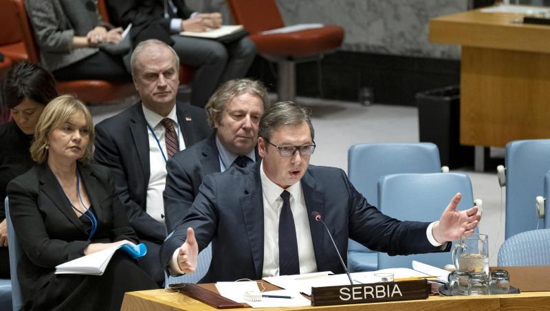 Aleksandar Vucic, Präsident von Serbien, spricht während des Treffens des UN-Sicherheitsrates im Hauptquartier der Vereinten Nationen. Aleksandar Vucic, Präsident von Serbien, spricht während des Treffens des UN-Sicherheitsrates im Hauptquartier der Vereinten Nationen.