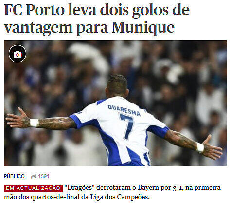 Die portugisischen Kollegen der "Público" blicken bereits aufs Rückspiel: "Porto mit zwei Toren Vorsprung nach München"
