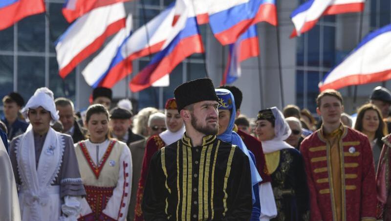 Russland feiert: Kundgebung anlässlich des fünften Jahrestages des Referendums über die Wiedervereinigung mit der Krim in Simferopol. Russland feiert: Kundgebung anlässlich des fünften Jahrestages des Referendums über die Wiedervereinigung mit der Krim in Simferopol.