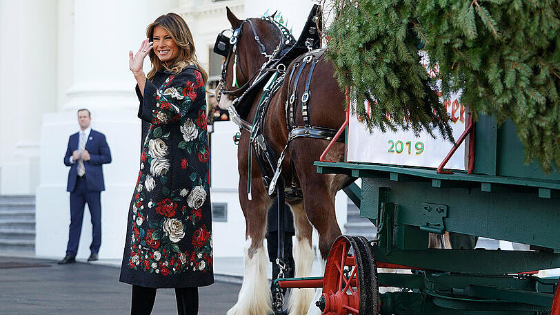 Melania Trump lächelt beim Empfang des Weihnachtsbaumes in Dolce & Gabbana