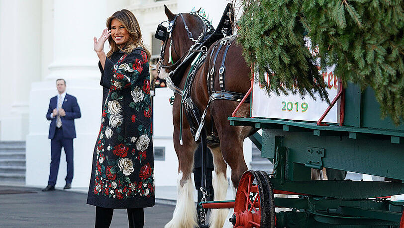 Melania Trump lächelt beim Empfang des Weihnachtsbaumes in Dolce & Gabbana Melania Trump lächelt beim Empfang des Weihnachtsbaumes in Dolce & Gabbana