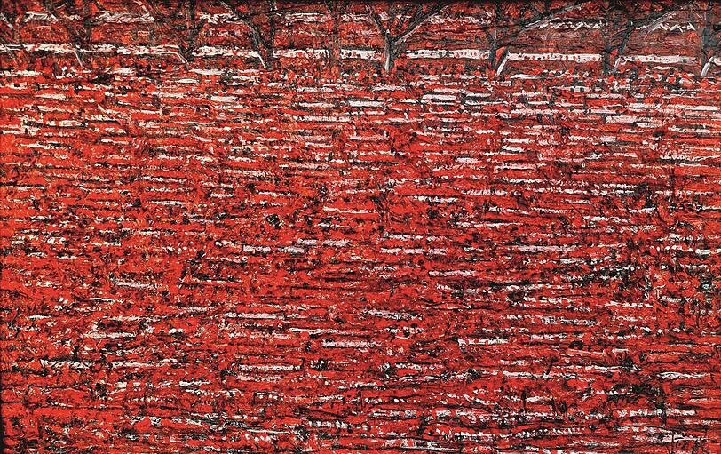 Abstraktion? Von wegen. Torsten Schlüter hat unter dem Titel "Pointillistische Waldseite" ein Meer roter Fanschals gemalt. Foto: Schlüter, Berlin