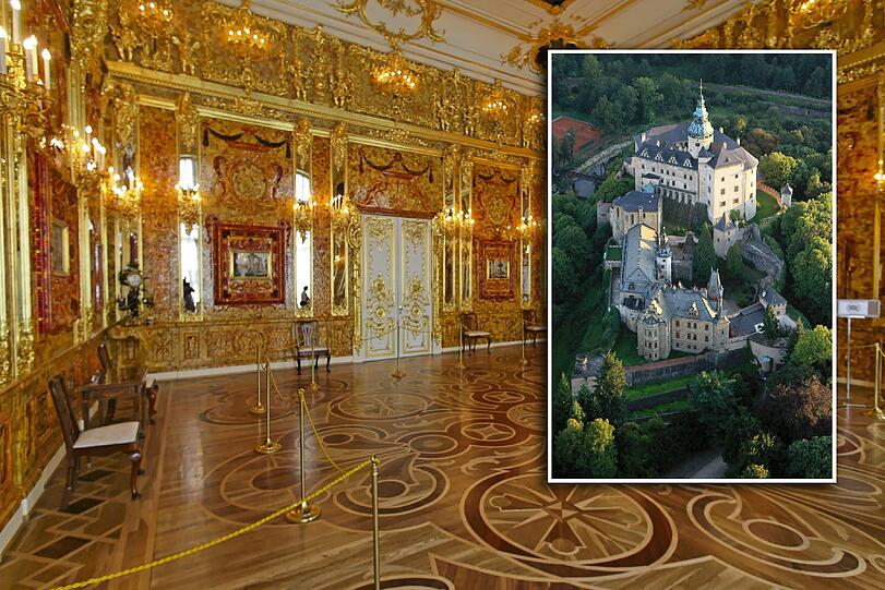 Das Bernsteinzimmer soll auf Schloss Friedland versteckt sein (l.) &ndash; eine Nachbildung findet sich im Katharinen-Palast.