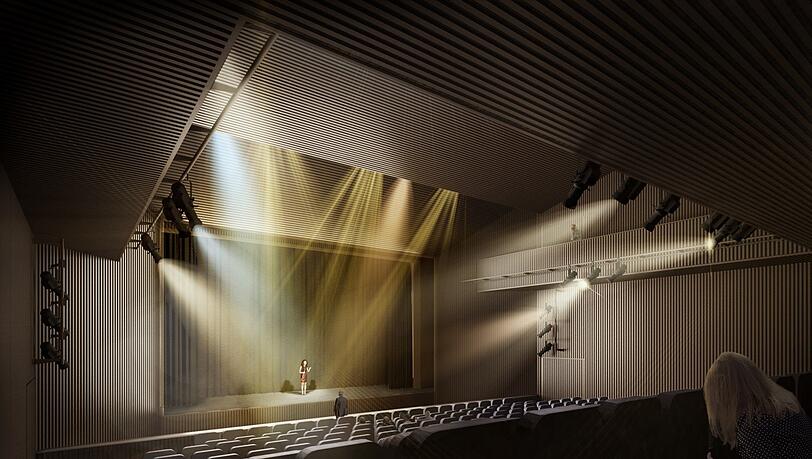 Der große Saal des Theater-Neubaus nach Entwürfen des Konstanzer Architekturbüros "bächlemeid" sieht eine Wandverkleidung mit gelochten Kupferelementen vor, hinter denen sich ein Akustikvlies befindet.