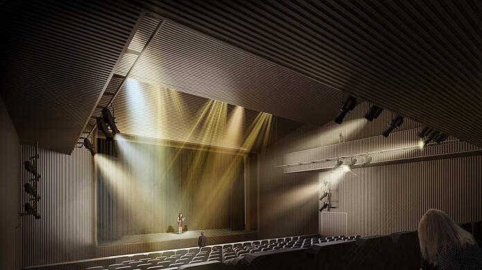 Der große Saal des Theater-Neubaus nach Entwürfen des Konstanzer Architekturbüros "bächlemeid" sieht eine Wandverkleidung mit gelochten Kupferelementen vor, hinter denen sich ein Akustikvlies befindet.