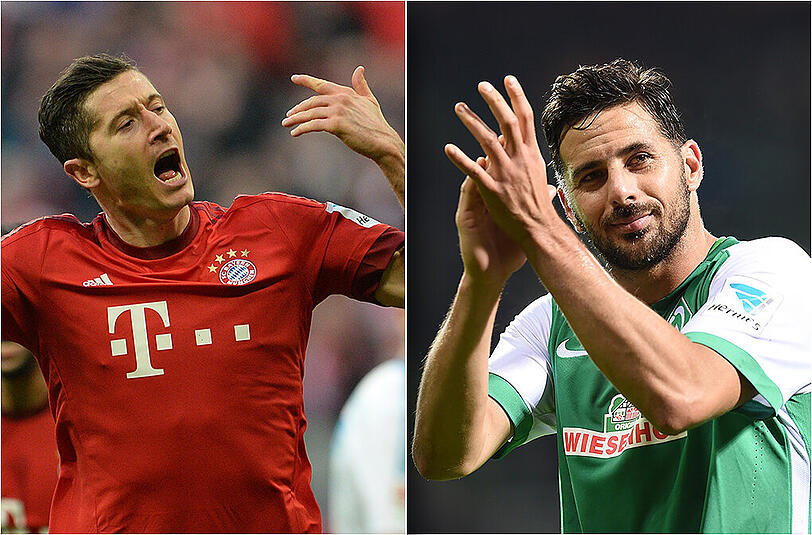 Duell der Torjäger im Pokal-Halbfinale: Der ewige Claudio Pizarro (r., 37) im Dress von Werder Bremen und Bayerns Robert Lewandowski (27).