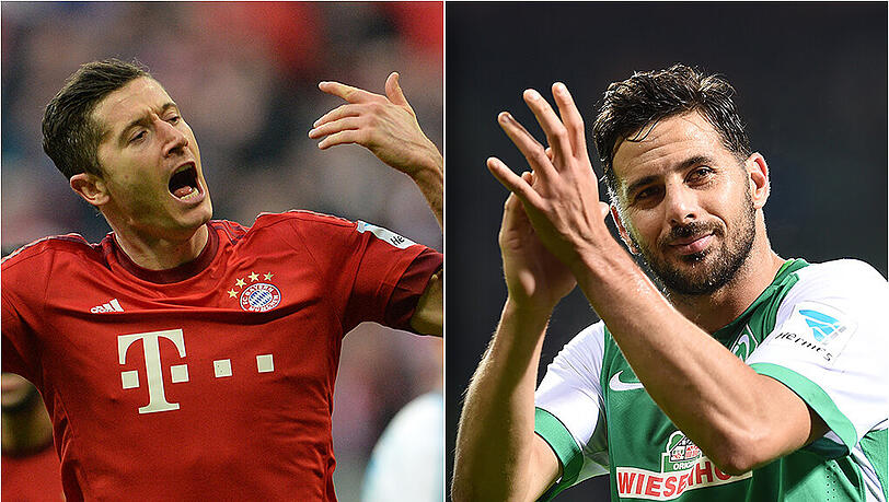 Duell der Torjäger im Pokal-Halbfinale: Der ewige Claudio Pizarro (r., 37) im Dress von Werder Bremen und Bayerns Robert Lewandowski (27). Duell der Torjäger im Pokal-Halbfinale: Der ewige Claudio Pizarro (r., 37) im Dress von Werder Bremen und Bayerns Robert Lewandowski (27).