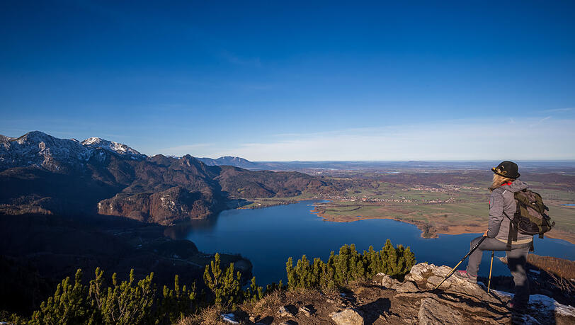 Eine Wanderin steht auf dem Sonnenspitz vor dem Kochelsee. Wo früher nur Gras gewachsen ist, stehen schon heute häufiger Bäume.