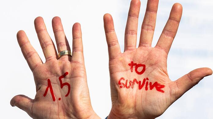 Eine Demonstrationsteilnehmerin bei einem UN-Klimagipfel hat sich mit roter Farbe „1.5 to survive“ (1,5 Grad, um zu überleben) auf die Hände gemalt. (Archivbild)