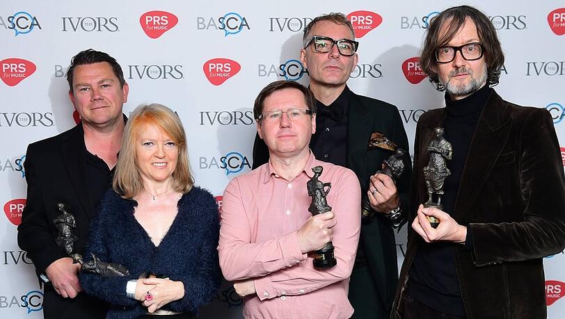Nick Banks, Candida Doyle, Mark Webber, Steve Mackey und Jarvis Cocker (v.l.) von Pulp im Jahr 2017 in London.
