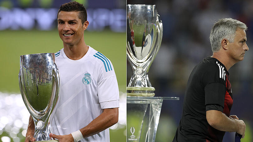 Teilzeitkraft Cristiano Ronaldo mit dem 12,2 Kilogramm schweren Silber-Pokal. José Mourinho (rechts) muss weiter auf seinen ersten europäischen Supercup-Titel warten.
