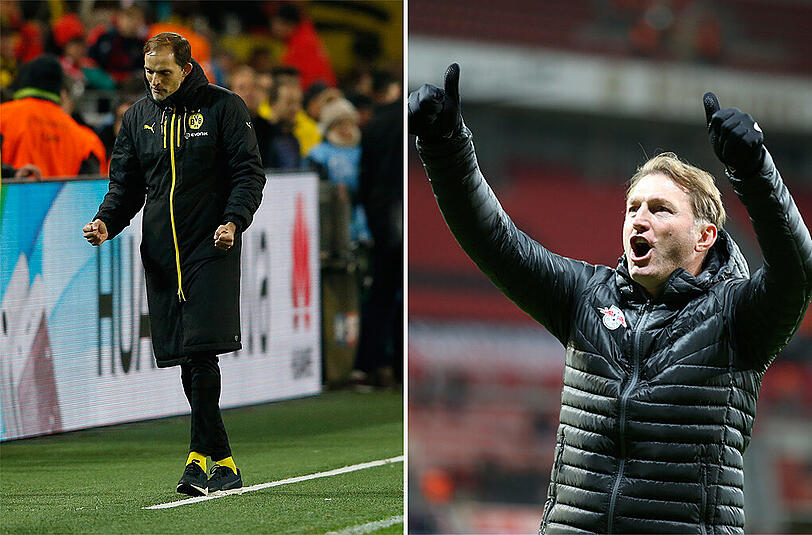 Drei Punkte hinter Bayern: BVB-Trainer Tuchel (l.). Drei Punkte vor Bayern: Leipzigs Hasenhüttl.