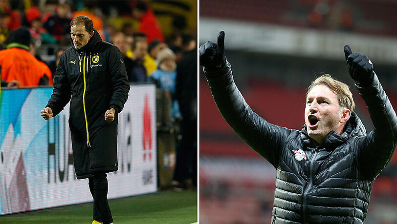 Drei Punkte hinter Bayern: BVB-Trainer Tuchel (l.). Drei Punkte vor Bayern: Leipzigs Hasenhüttl. Drei Punkte hinter Bayern: BVB-Trainer Tuchel (l.). Drei Punkte vor Bayern: Leipzigs Hasenhüttl.