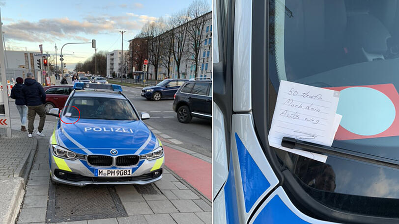 Der "Strafzettel" am Streifenwagen. Die Beamten sind aber im Recht: Sie waren im Einsatz.