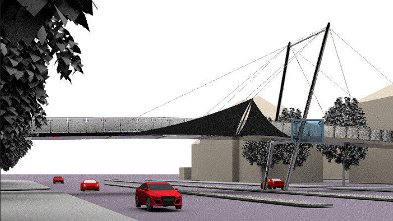 Modell Flügelbrücke. Für Fußgänger führen Treppen hinauf und es gibt Parkmöglichkeiten.