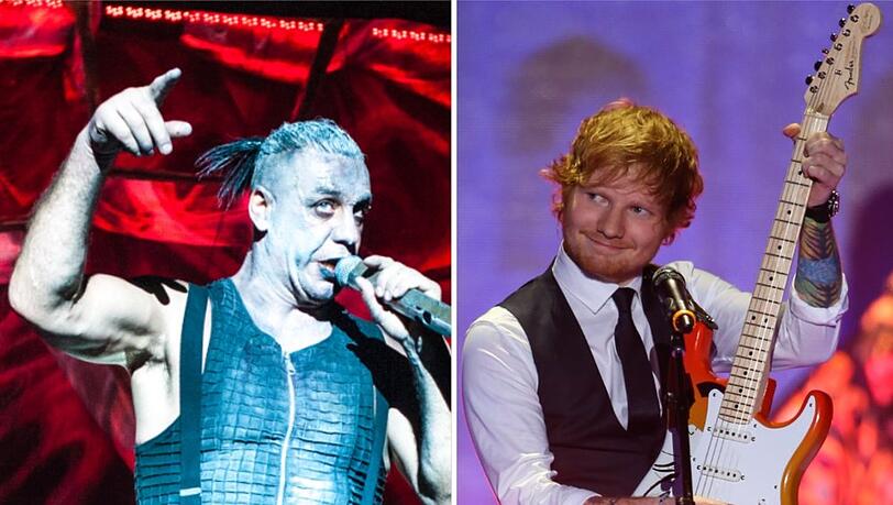 Rammstein mit Frontsänger Till Lindemann (li.) und Ed Sheeran spielen große Konzerte in Deutschland.