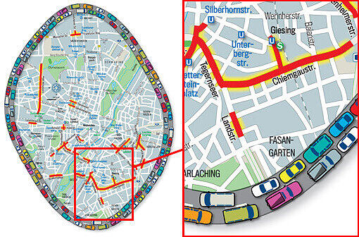 Nervtötender Lärm: die rot markierten Gebiete sind besonders laut - und bewohnt. Links das Stadtgebiet im Überblick, rechts die jeweiligen Brennpunkte.