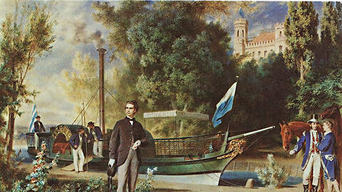 Ein Postkartenmotiv mit Kitschfaktor: Der "Kini" Ludwig II. vor seinem Dampfschiff Tristam am Hafen von Schloss Berg.
