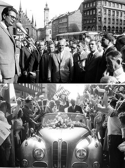 Die Löwen bei ihrer Rückkehr aus Stuttgart 1964, wo sie das Endspiel gegen Eintracht Frankfurt mit 2:0 gewannen und zum zweiten Mal Pokalsieger wurden. Bild oben: Oberbürgermeister Dr. Hans Jochen Vogel (l) begrüßt die Spieler auf dem Marienplatz. Zu sehen sind (v.l.): Peter Grosser, Berti Kraus, Löwen-Präsident Adalbert Wetzel Hans Auernhammer, Rudi Brunnenmeier, Petar Radenkovic und Otto Luttrop. Bild unten: Beim Autocorso stehen im Wagen (v.l.): Adalbert Wetzel, Kapitän Brunnenmeier und Trainer Max Merkel.