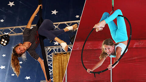 Emilia (10) schwebt an einem Tuch in der Luft (l.), Melissa (11) ist mutig im Ring.