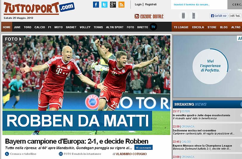 Die italienische Tuttosport schreibt "Robben da matti": Robben verrückt.