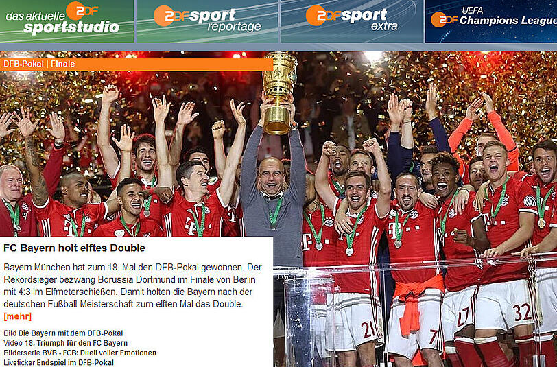 Das ZDF berichtet auf seiner Sportseite ganz nüchtern vom Pokalsieg des FC Bayern.