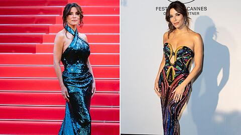 Eva Longoria bei den Filmfestspielen in Cannes: Links bei der "Mission: Impossible"-Premiere, rechts beim Festivaldinner am Abend.