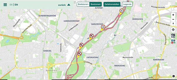 Die Isar-App zeigt, wo es für Schwimmer gefährlich werden könnte.