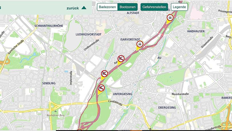 Die Isar-App zeigt, wo es für Schwimmer gefährlich werden könnte. Die Isar-App zeigt, wo es für Schwimmer gefährlich werden könnte.