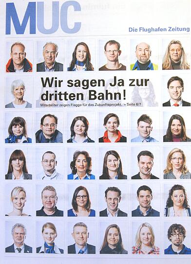 36 Flughafen-Mitarbeiter sagen "Ja" zur 3. Bahn. Vier davon sind weitgehend unter der Schrift versteckt.
