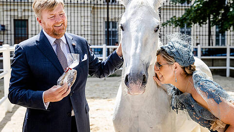 Maxima liebkost den Schimmel vor der Spanischen Reitschule in Wien