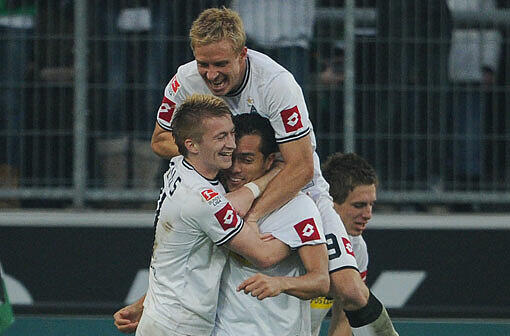 Die Borussia jubelt: Hanke, Reus, Arango und Herrmann freuen sich über das 5:0 gegen Bremen.