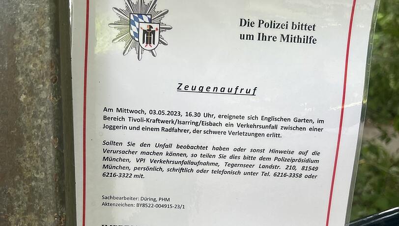 Die Polizei hat Zeugenaufrufe im Englischen Garten aufgehängt. Die Polizei hat Zeugenaufrufe im Englischen Garten aufgehängt.