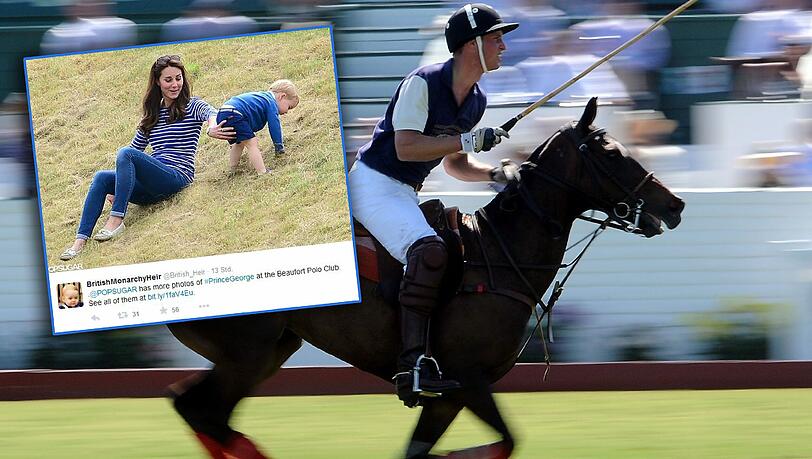 Während Prinz William Polo spielte, tollte sein kleiner Sohn George mit Mama Kate am Spielfeldrand herum.