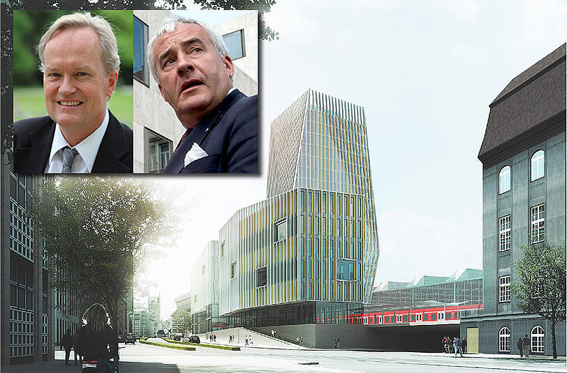 Stein des Anstoßes: Der neue Hauptbahnhof, hier der 70-Meter-Turm, der vom alten Gebäude quasi nichts mehr übrig lässt. Kleines Bild: Der ernüchterte Generalkonservator Mathias Pfeil (l) und der stocksaure Kunstminister Ludwig Spaenle.