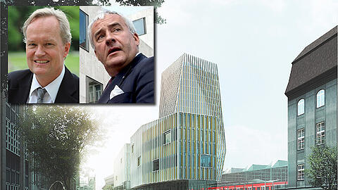 Stein des Anstoßes: Der neue Hauptbahnhof, hier der 70-Meter-Turm, der vom alten Gebäude quasi nichts mehr übrig lässt. Kleines Bild: Der ernüchterte Generalkonservator Mathias Pfeil (l) und der stocksaure Kunstminister Ludwig Spaenle.