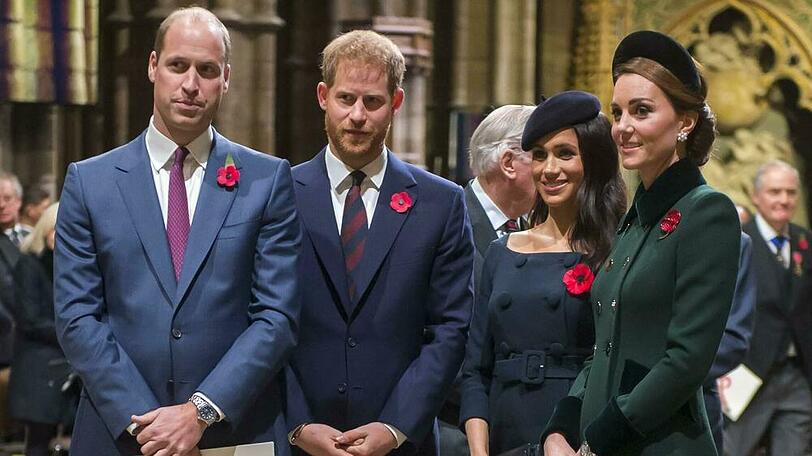 William (v.l.), Harry, Meghan und Kate: Wie sich die Veränderungen wohl auf die Beziehung der jungen Royals auswirken werden?
