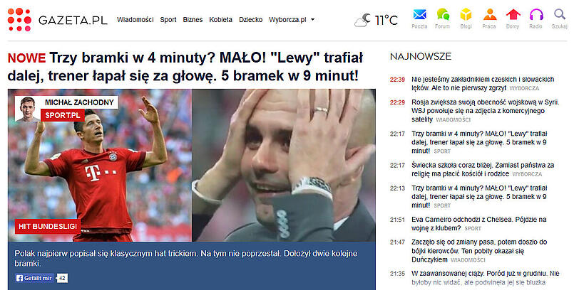 Die polnische "Gazeta" feiert ihren Nationalstürmer und den fassungslosen Gesichtsausdruck von Pep Guardiola.