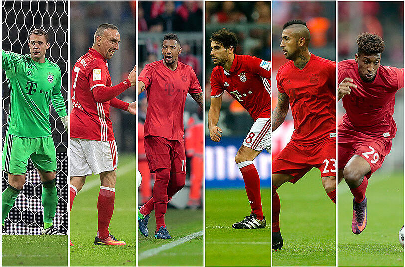 Die Chancen auf einen Einsatz gegen Borussia Dortmund, absteigend von links nach rechts: Manuel Neuer, Franck Ribéry, Jérôme Boateng, Javi Martínez, Arturo Vidal und Kingsley Coman.